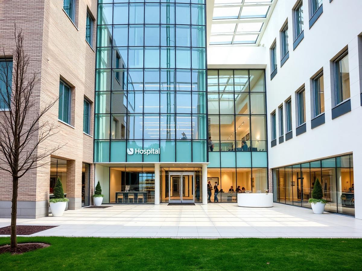 Modern European hospital building with a bright glass atrium