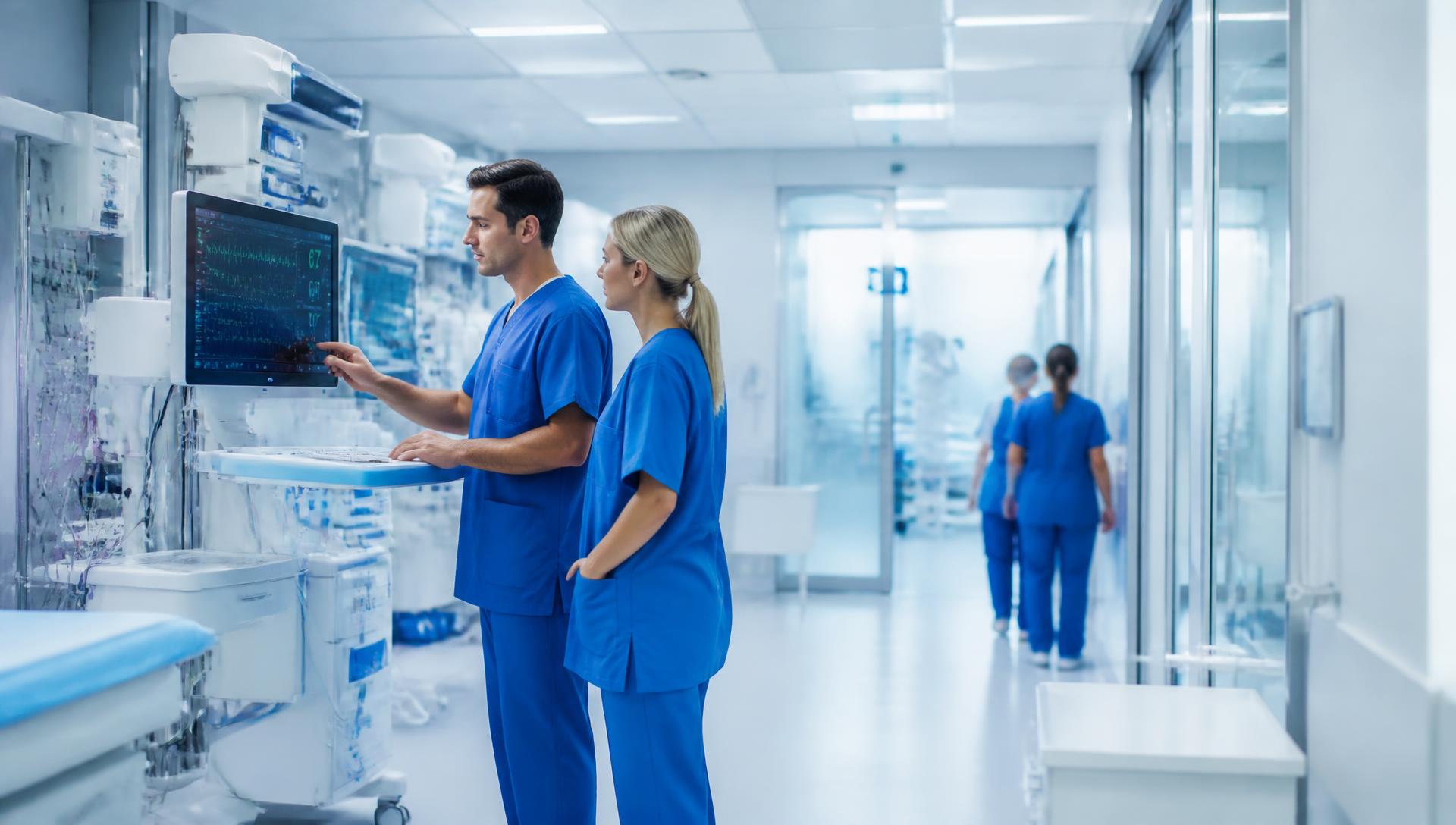 Clinicians using advanced medical equipment in a modern European hospital